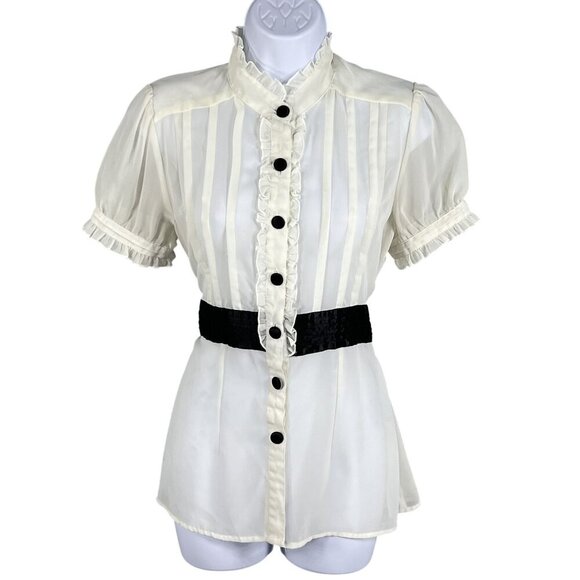 Cotton Express Missy Womens S Sheer Silk Babydoll Blouse Button Up Belted Ruffle - Picture 1 of 16